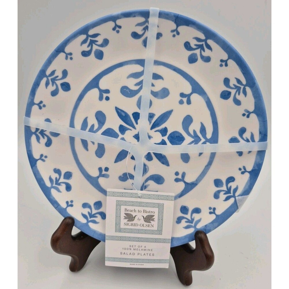 4 Sigrid Olsen Beach To Bistro Blue Pattern MELAMINE Salad Plates 7 3/4" New